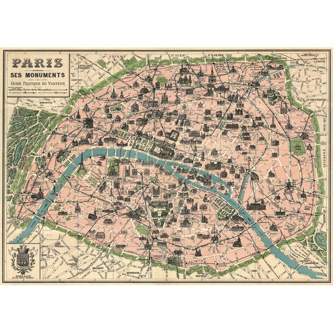 Vintage Paris Map Monuments Poster by Cavallini & Co. 20" x 28"