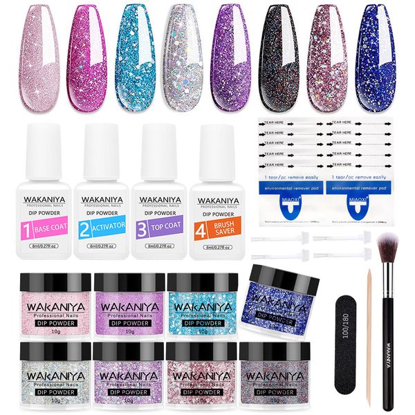 wakaniya Nail Dip Powder Kit 8 Colors Glitter Purple Galaxy Nails Powder Set with Liquids Base Top Coat Nail Remover Pads Dip Nails Starter Kit with Everything for Beginners