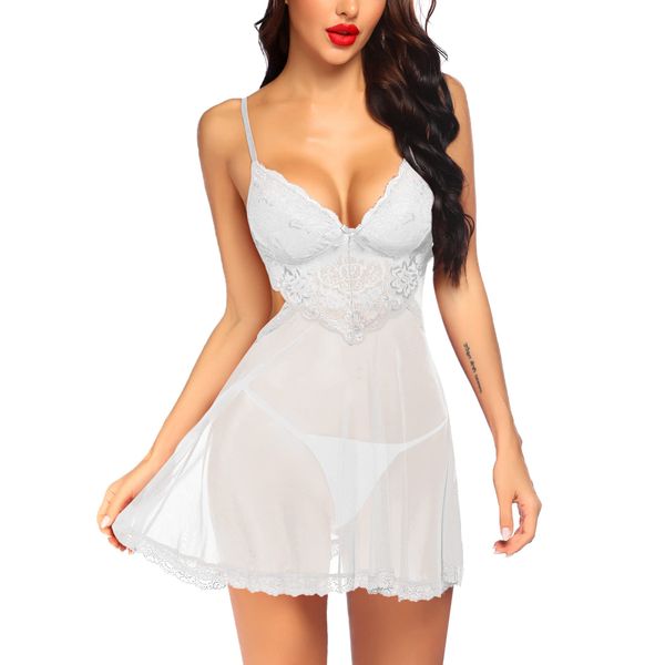 Avidlove Sexy Lingerie for Women Sets Lace Nightwear Set Adjustable Strap Mesh Chemise Lingerie Backless Sleepwear White XL