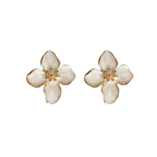Flower Stud Earrings, White Enamel Petals, Gold Trim