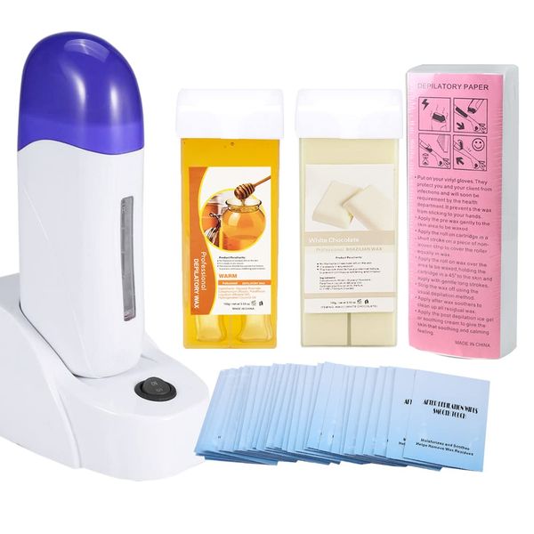 iMeshbean® Depilatory Roll on Wax Heater Roller Warmer Cartridge Strips Honey & Milk Hair Removal Kit for Women Men (2 Wax & 1 Paper)