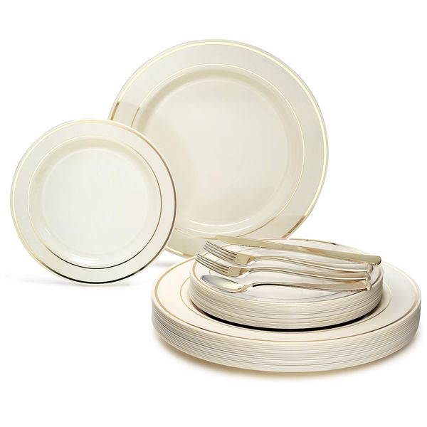 " OCCASIONS " 720 Pcs set (120 guest) Wedding Disposable Plastic Plate and Silverware Combo 10.5" + 7.5" + Silverware (Double Fork) (Ivory & Gold Rim plates, Gold silverware)