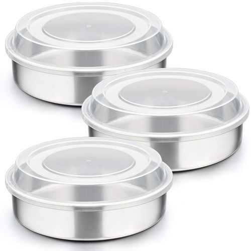 P&P CHEF 8-inch Cake Pan with Lid Set (3 Pans + 3 Lids), Stainless Steel Round Baking Pans for Picnic Wedding Birthday, Leak-proof Pan & Raised Plastic Cover, Healthy & Non-toxic, Dishwasher Safe