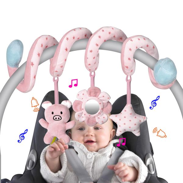 Car Seat Toys, Infant Baby Pink Pig Spiral Activity Hanging Toys Stroller Toys for Car Seat Stroller Bar Crib Bassinet Mobile with Mirror BB Squeaker and Rattles