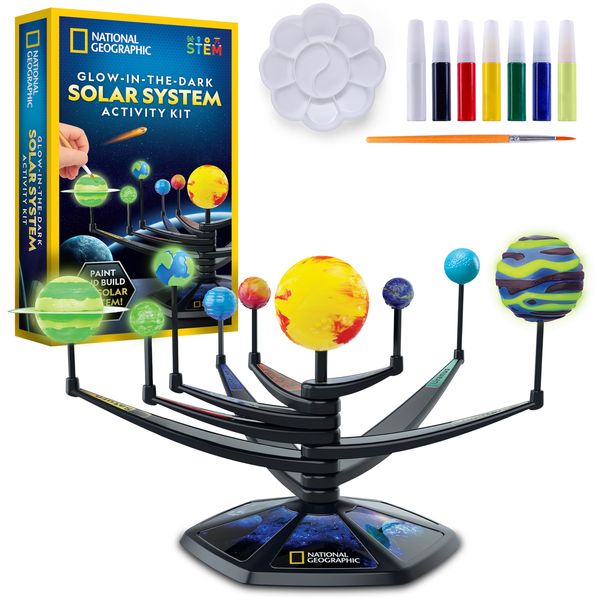 Blue Marble National Geographic Glow-in-The-Dark Solar System Model Kit for Kids - Build & Paint a 3D Planetary Model with Movable Arms, STEM Projects for Kids Ages 8-12, Space Themed Bedroom Decor