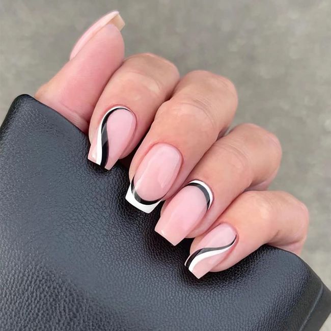 Medium Length Fake Nails Black and White Fake Nails Wave Glossy Fake Nails Pink Fake Nails Full Cover False Nails Artificial Stick on Nails for Women Girls 24pcs