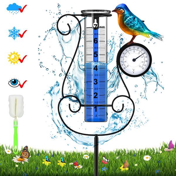 Rose Manor Outdoor Rain Gauge, Metal Hummingbird Flower Leaf Large Color Digital Rain Guage with Solar Light, 3 Sections Height Adjustable, Large Capacity, for Garden, Deck, Lawn, Patio, Farm