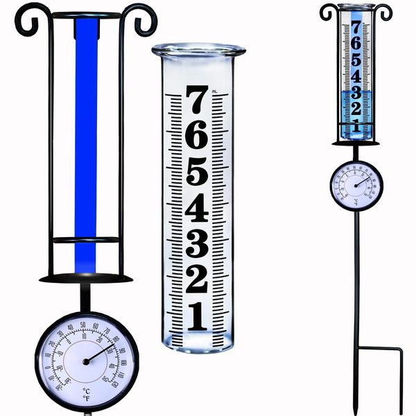 JMBay Rain Gauge Outdoor with Thermometer, Rain Gauges Outdoors Best Rated, Large Font Rain Measure Gauge for Yard, Rain Water Meter with Thickened Plastic Tube and Duralbe Metal Stake for Patio,Lawn