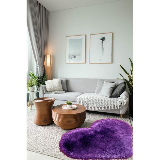 KIWATA Heart Shaped Rug (Purple) Scandinavian Western-style Princess Style Fluffy Carpet Elegant, High Quality, Cute Rug, Princess-like Decor, Stylish Entrance Mat, Washable Carpet (Purple)