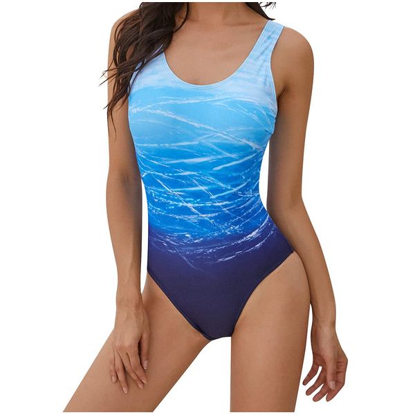 Yuson Girl Womens One Piece Swimwear Tummy Control Swimming Costume Padded Swimsuit Round Neck Backless Monokini Gradient Color Bathing Suit Blue