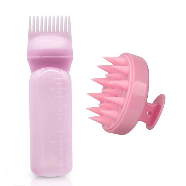 Root Comb Applicator Bottle,Scalp Massager Shampoo Brush+ Squeeze Comb Applicator Bottle with Graduated Scale Head Relaxation Tools for Home Salon Comb Applicators