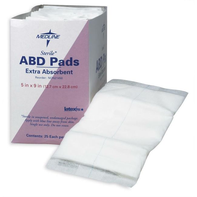 Medline Sterile Super Absorbent Abdominal Pad, 5" x 9", Box of 25 - NON21450H