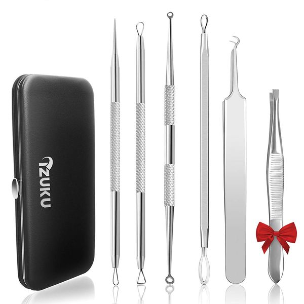 Mitesserentferner Pickel Ausdrücken Werkzeug Bonus Inkl. IZUKU Blackhead Remover aus Edelstahl 6 Stk. Comedone Extractor Akne Mitesser Pickel Entferner Komedonenquetscher Set für Alle Hauttypen