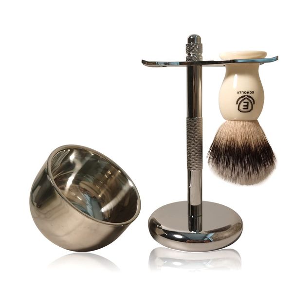 Premium Shaving Brush Kit-3 in 1 Shaving Brush Set for Men Includes Badger Synthetic Hair Shaving Brush,Stainless Steel Shaving Soap Bowl and Stand for Mens Shaving Gift Set(Ivory White)