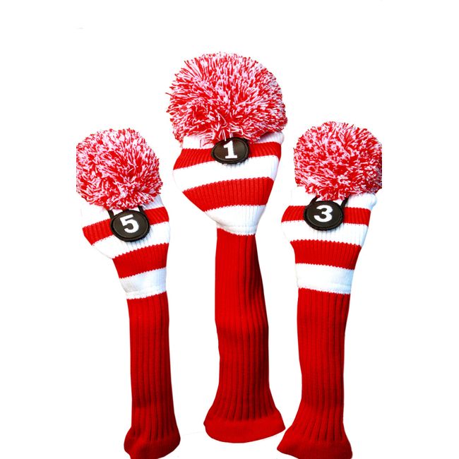 Majek Golf Club Head Covers Driver Metal Fairway Woods Fits up to 460cc Knit Pom Pom Retro Traditional Taylor fit Classic Throwback Vintage Stylish Tour Made Long Neck Sock Headcovers Red & White