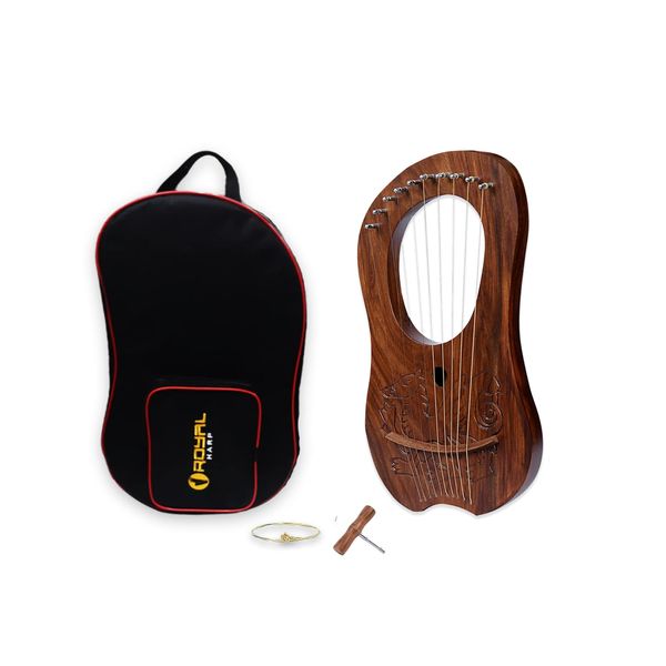 Lyre Harp 10 String Solid Wood Handmade Dragon Carved with Padded Carry Bag