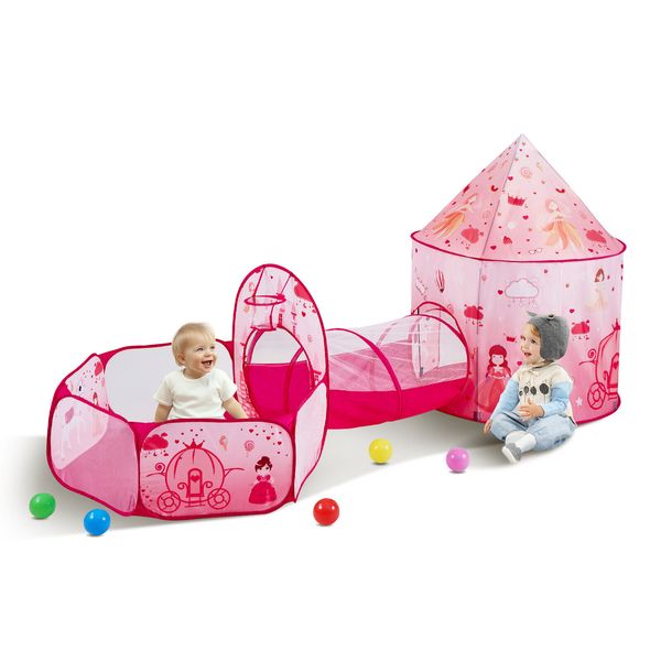 VEVOR Princess Girls Pop Up Castle Kids Play Tent Crawl Tunnel Set Playhouse Bag