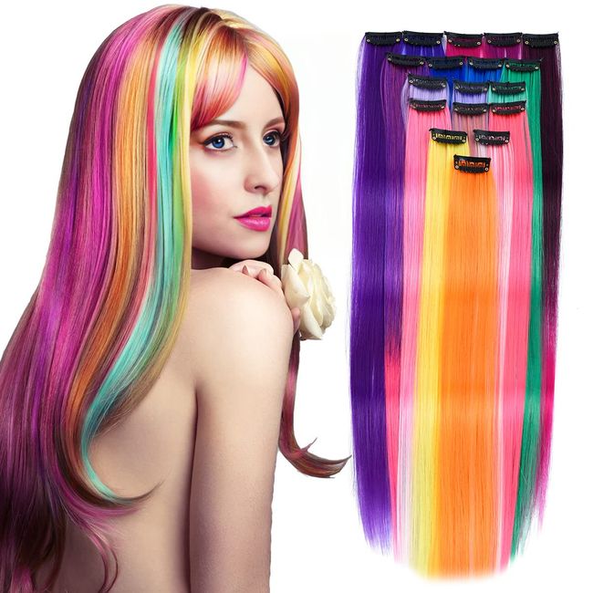  Glow In The Dark Hair Extensions 18 Pcs 20 Inch Clip In Hair  Extensions Colroful Luminous Hair Piece Luminous Clip In Hair Extensions  for Women Girls Kids (Multicolor) : Beauty