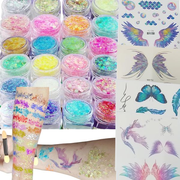 24 Color Body Glitter Gel Temporary Tattoos, Chunky Sequin Glitter with 32 Fashionable Temporary Tattoos 4 Brushes for Festival Birthday Makeup Party