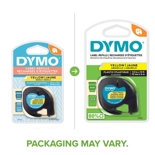 DYMO LetraTag Labeling Tape for LetraTag Label Makers, Black Print on Yellow Tape, 1/2'' W x 13' L, 1 roll (91332)