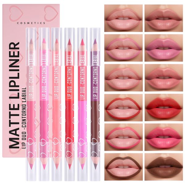 Prreal 12 Colors Matte Lipstick Lip Liner Set, 6PCS Double-end Lip Liner Pencil Set, Velvet Lip Liner Waterproof, Smooth Highly Pigmented Lipstick Lip Makeup