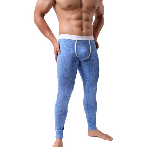 KAMUON Men’s Low Rise Pouch Underwear Pants Long Johns Thermal Bottoms Leggings (US L = Asian Tag XL : Waist 34"-36", Blue #2)