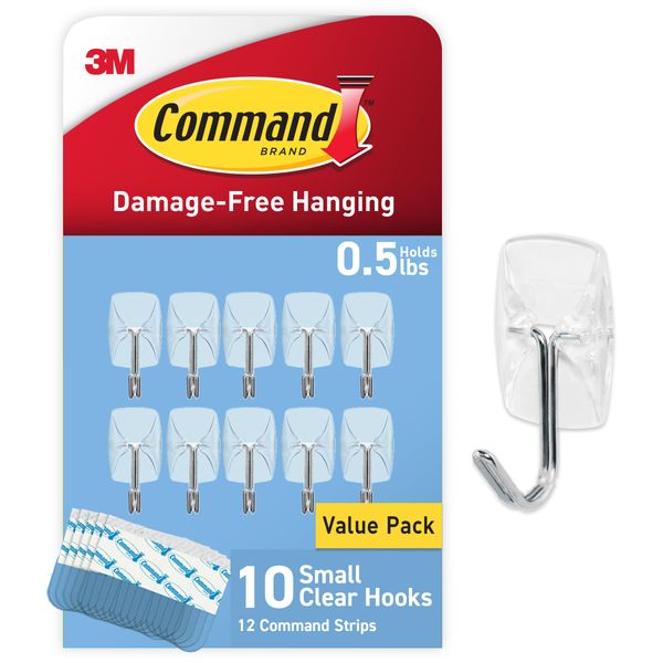 Command CL067-10NA Plastic Small Wire, 10 Hooks, 12 Strips-Easy to Open Packaging, Organize Damage-Free, Clear, Silver