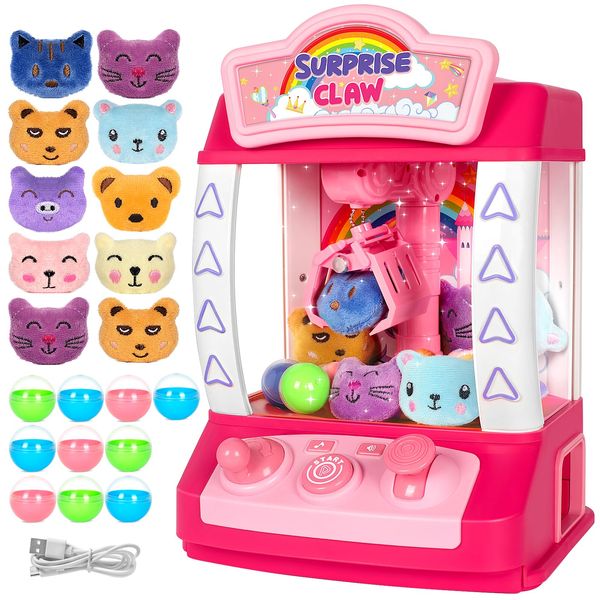 Claw Machine for Kids, Mini Vending Machine Toys with Music & Sound, Candy Prize Dispenser with 10 Mini PlushToys &10 DIY Twisted Eggs, Ideal Christmas Birthday Gifts for Girls