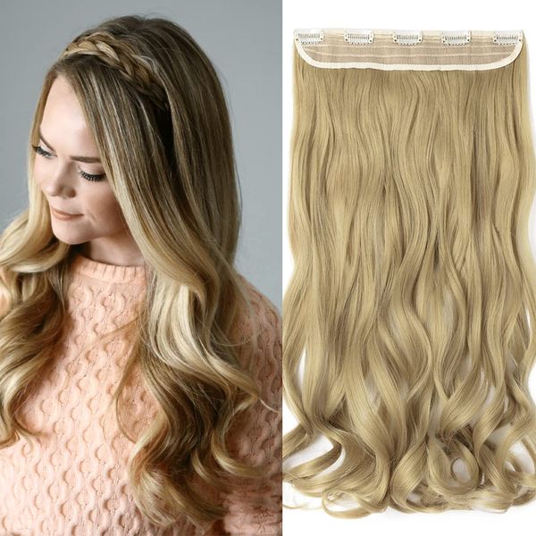 24 Inch One Piece 5 Clips Matte Material Hair Extension Curly Wavy Clip In Hairpiece Synthetic For Women Beauty, Ash Blonde