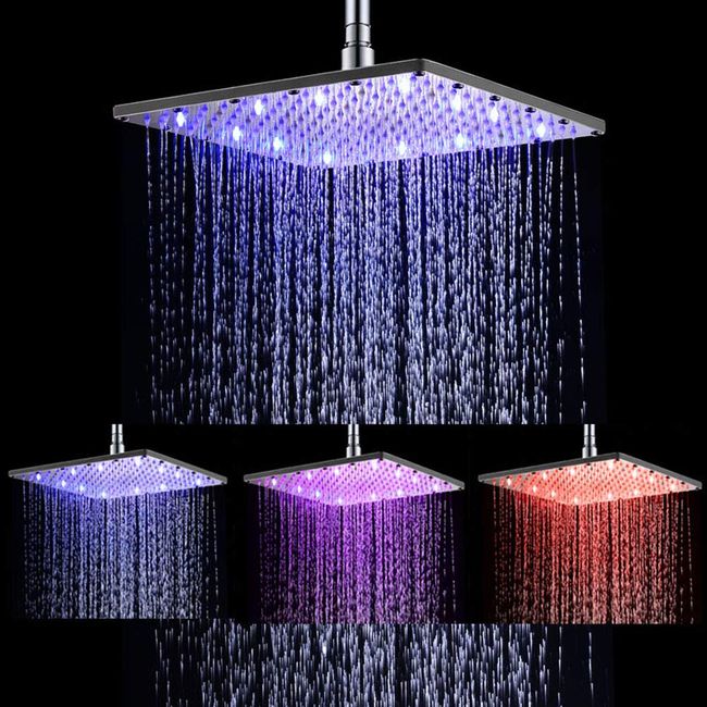 Ehauuo LED Shower Head 12 Inch Square All Chrome Water Temperature Controlled 3 Colors Lights Changing automatically Water Rainfall High-Pressure Bathroom Shower Head