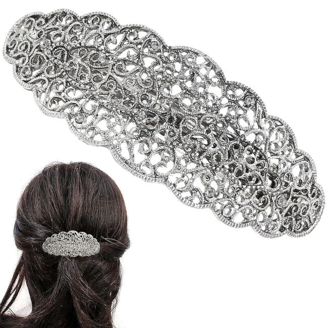 Hair Clips, Diamante Silver Hair Slides Hair Barrettes Vintage Antique Pins Elegant Hair Accessories Sparkly Metal French Hair Clip for Women Bridal Wedding Party Gift