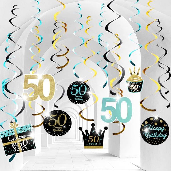 50th Birthday Party Decorations Birthday Party Teal Gold Hanging Swirls Ceiling Decorations Happy 50 Year Old Birthday Party Ceiling Hanging Swirl 50th Birthday Decorations Foil Swirls Party Supplies