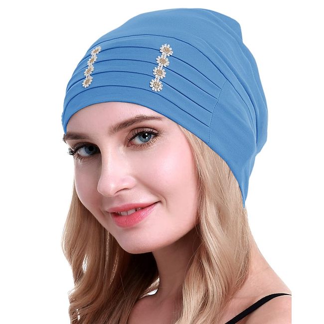 osvyo Chemo Kopfbedeckung Bambus für Damen, Chemo Kopftuch Turban für Frauen mit Blumenmotiv-Kopfbedeckung Mütze Kappen HELLBLAU