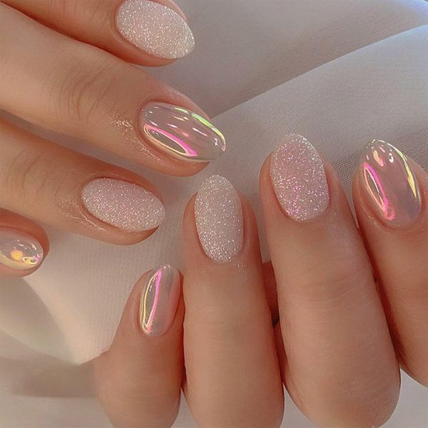 24pcs Short Oval False Nails Aurora Stick on Nails Glitter Pink Press on Nails Removable Glue-on Nails Fake Nails Acrylic Full Cover Nails Women Girls Nail Art Accessories