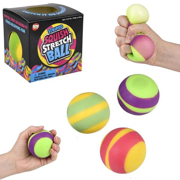 Squish And Stretch Striped Gummi Ball, Stress Ball Relief Toys for Hand Exercise Squeeze Therapy, Party Favor, 1.75" (Pack of 3) (Pack of 3)