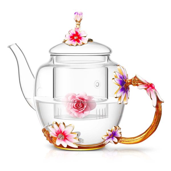 Luka Tech 1000Ml Glass Flower Teapot with Removable Loose Tea Leaf Infuser Tea Maker,Gifts for Women,Mom,Mothers Day,Christmas,Birthday,Valentines Day