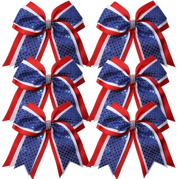 Cheerleader Bows 8 Inch 3 Layers 6 Pcs Ponytail Holder Jumbo Cheerleading Bows Hair Elastic Hair Tie for High School College (Red/White/Royal Blue)