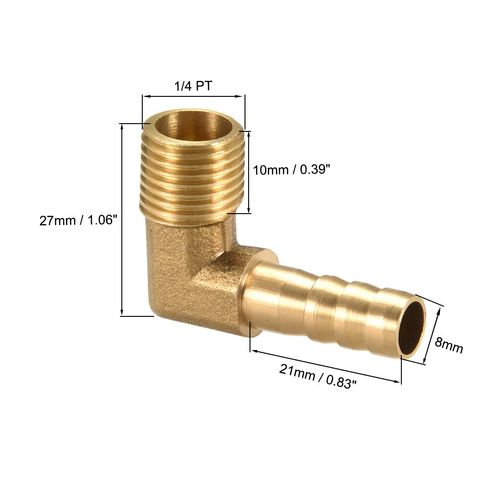uxcell Barb Hose Fitting 8mm Barb-1/4 PT Male 90 Degree Elbow Brass Pipe Adapter Connector 2pcs