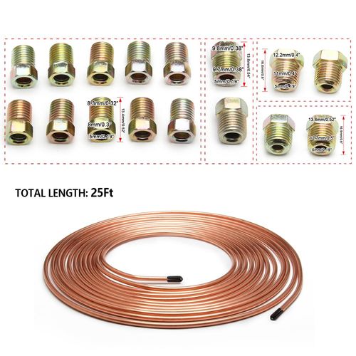 25Ft Brake Line Kit - 3/16 Zinc Plated Copper Brake Line Tubing -16 Inverted Flare Brake Line Fittings - Universal Copper Coil Brake Line Repair Kit for Car,Home,Industrial (Gold)