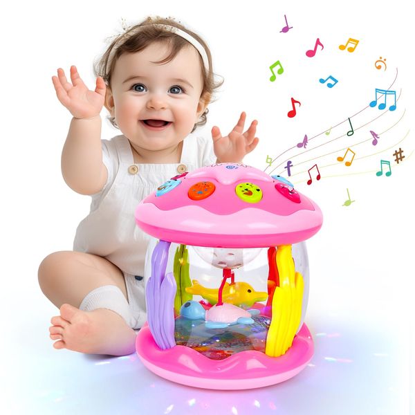 M SANMERSEN Baby Girl Toys 6-12 Months - Babies Ocean Rotating Projector Light Up Musical Toys for 12-18 Months Crawling Learning Tummy Time 1 2 Years Old Infant Boys Girls Gifts - Pink