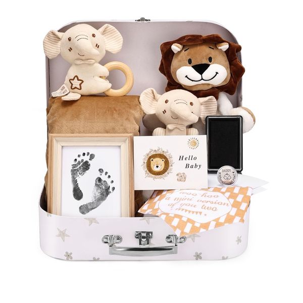 Lictin Geschenke zur Geburt, Neugeborenen Geschenk mit Baby Sicherheitsdecke, Baby Rassel, Baby Lätzchen, Entscheidungsmünze, Andenken Fußabdruck, Fotorahmen, Grußkarte