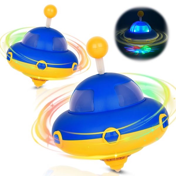 2Pack Light-Up Spinning Top for Kids - Flashing UFO Rotating Educational Toys,Sensory Toys for Toddlers 3-4. Birthday Party Favors for Kids Ages 3+