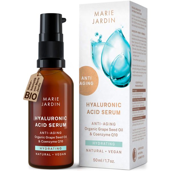 Hyaluronsäure Serum mit Vitamin C und Q10, hochdosiert mit geprüftem 5-fach Anti-Aging-Komplex, Dermaroller geeignet, Basis für Make-up, zertifizierte vegane BIO Naturkosmetik von Marie Jardin