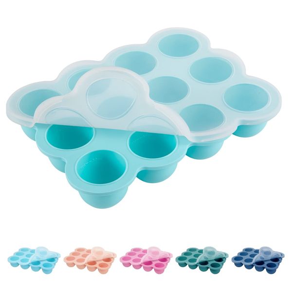 Baby Food Storage Container 9 Cups Silicone Baby Food Freezer Food Grade Silicone Perfect Food Container for Homemade ice cube tray with lid Baby Food Fruit Puree and Vegetables (Light Blue, 1OZ-30ML)