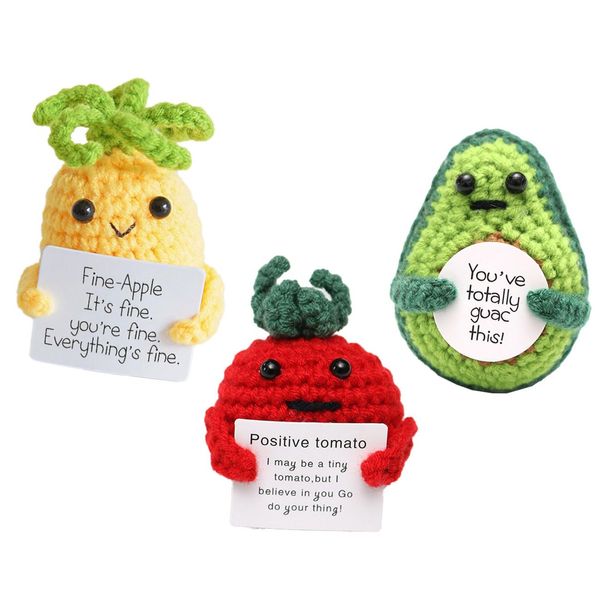 KONFEN Positive Knitted Mini Doll, 3 pack Funny Positive Pocket Hug Toy Pendant with Energy Card, Creative Positive Energy Doll for The Love One(Pineapple+Tomato+Avocado)