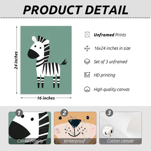 Nursery Wall Art Kids Canvas Poster Safari Wall Decor Baby Pictures Boys Room Poster Jungle Animal Prints Neutral Painting Cute Colorful Boho Artwork for Bedroom Palyroom 16x24 Inch Unframed Set of 3
