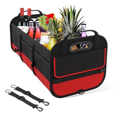 ZNDAW Car Trunk Organizer, Large Capacity Collapsible Cargo Organizer with Adjustable Straps Reinforced Handles, Multi-Compartment Trunk Storage Box for Car Truck SUV Sedan (Black & Red)