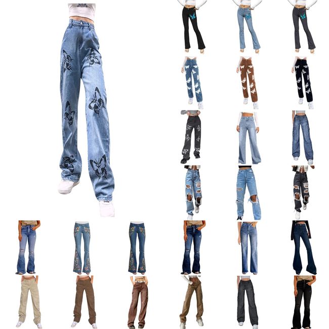 Gsheocm Kleidung Mädchen Teenager 152 Jeanshosen Frauen breite Hosen Hosen gerade Bedruckte Damenbeinjeans Teenager Klamotten Mädchen Trend