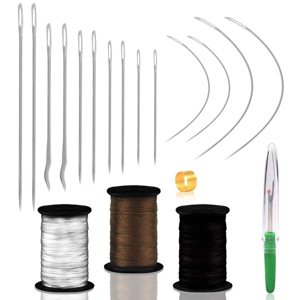 19 Pack Upholstery Needle and Thread, Leather Needles+ Curved Needles+ Nylon Thread+ Thimble+ Seam Ripper, Upholstery Needles and Thread Kit for Canvas Leather Carpet Repair