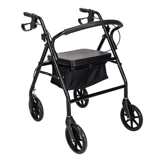 Lightweight Folding Four Wheel Rollator, Mobility Walker with Padded Seat, Steel Walker with Wheels,Carry Bag and Lockable Brakes, Mobility Aid for Elderly, Disabled, Injured (Black)